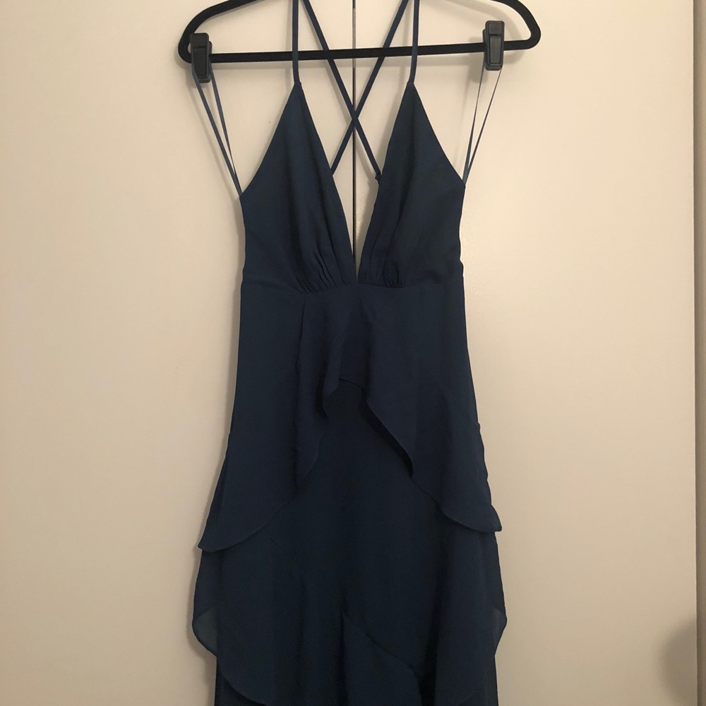 Blue full length low cut, cross back dress